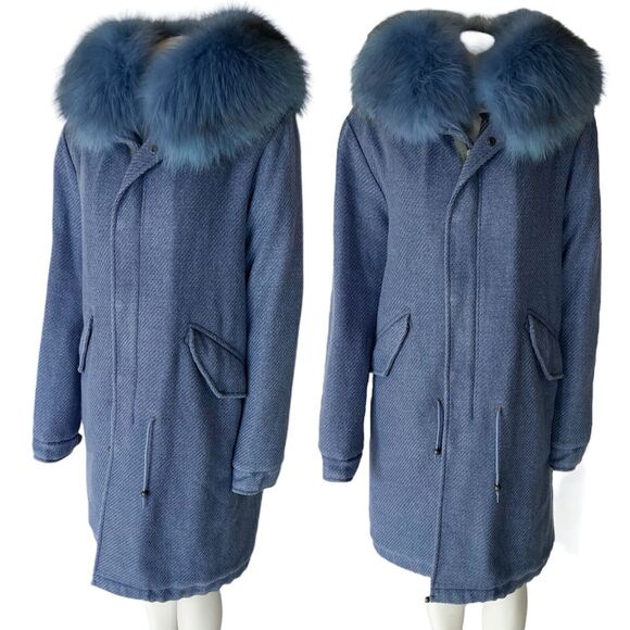 Mr And Mrs Wool Parka Blue With Fur Hood Medium - Picture 1 of 16